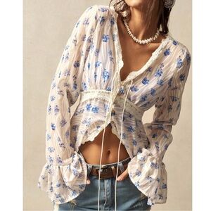 Boho Floral Print Button Down Ruffle Flounce Sleeve Top S M L XL